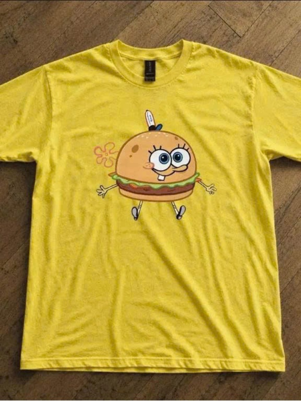 Yellow Short Sleeve Tee with Cartoon Burger Graphic